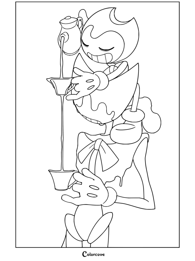 Dibujo para colorear de Bendy and the Ink Machine con Bendy sirviendo tinta de una tetera en una taza mientras la tinta gotea de su cara y cuerpo.