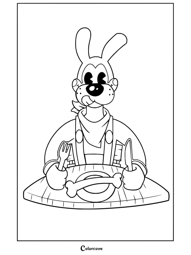 Dibujo para colorear de Bendy and the Ink Machine con Boris el Lobo comiendo en una mesa de madera con un hueso en el plato.