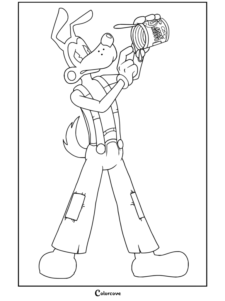 Boris el Lobo abriendo una lata de Sopa de Tocino en este dibujo para imprimir y colorear inspirado en Bendy and the Ink Machine.