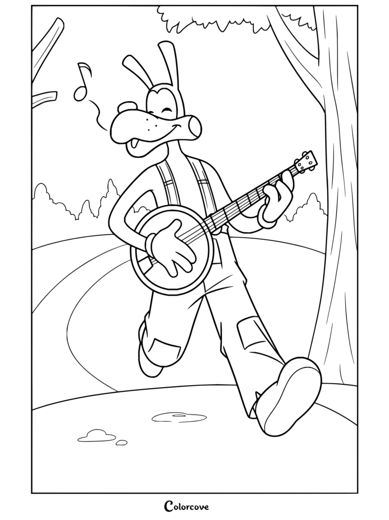 Dibujo para colorear para fans de Bendy and the Ink Machine con Boris el Lobo caminando alegremente mientras toca el banjo al estilo clásico de animación.