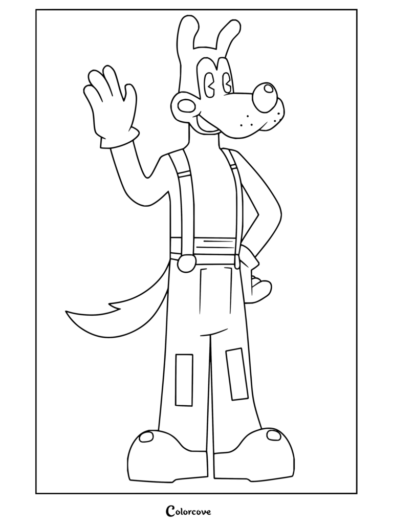 Dibujo para colorear de Bendy and the Ink Machine con Boris el Lobo saludando alegremente con su peto de trabajo.