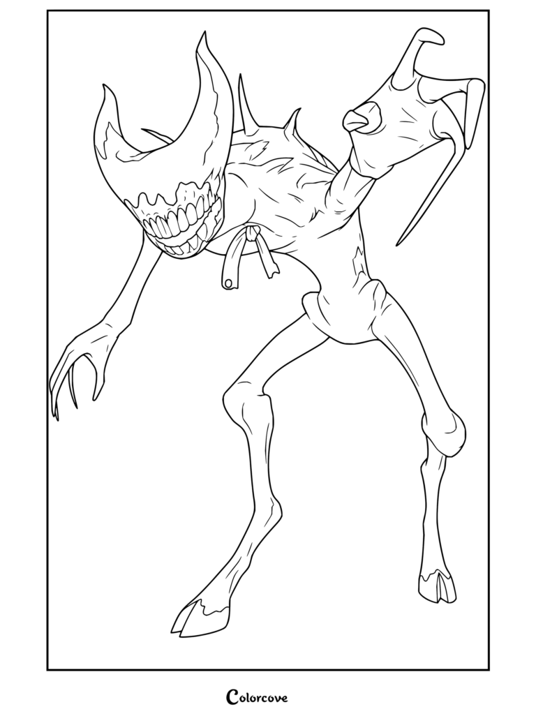 Dibujo para colorear de Bendy and the Ink Machine con la criatura del Demonio de Tinta Bendy rugiendo, con dientes afilados, garras y cuernos en una pose amenazante y dinámica.