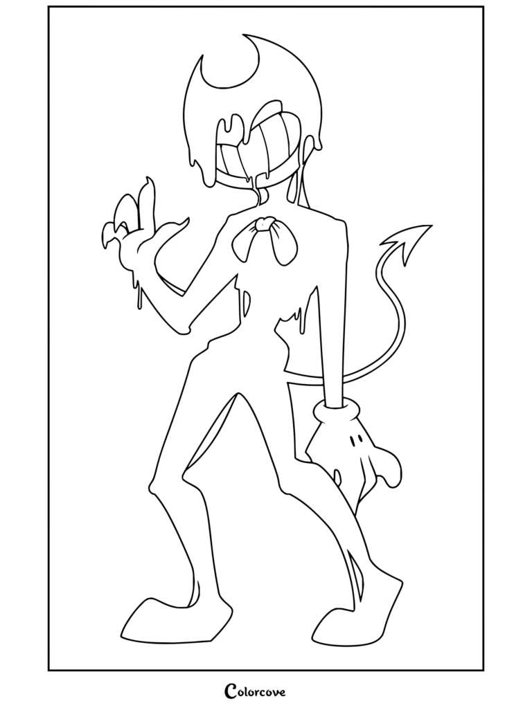 Dibujo para colorear del Demonio de Tinta Bendy de Bendy and the Ink Machine sonriendo con tinta chorreando y guantes amarillos.