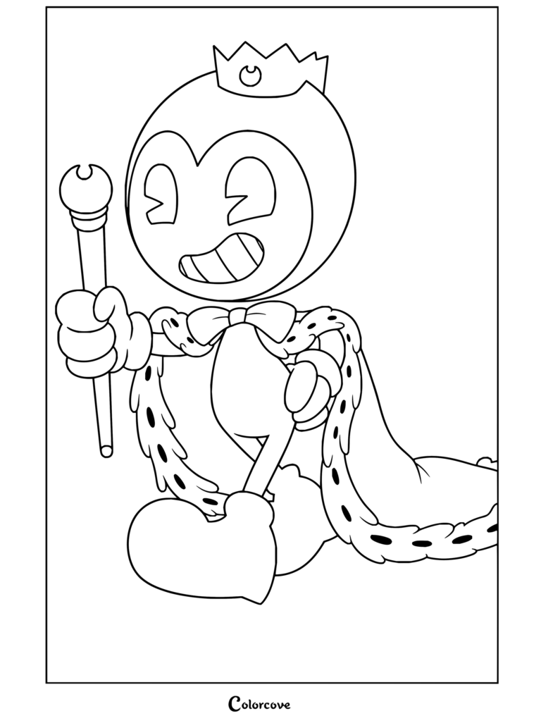 Dibujo para colorear de Bendy and the Ink Machine con el Rey Bendy llevando una corona dorada, capa real y sosteniendo un cetro.