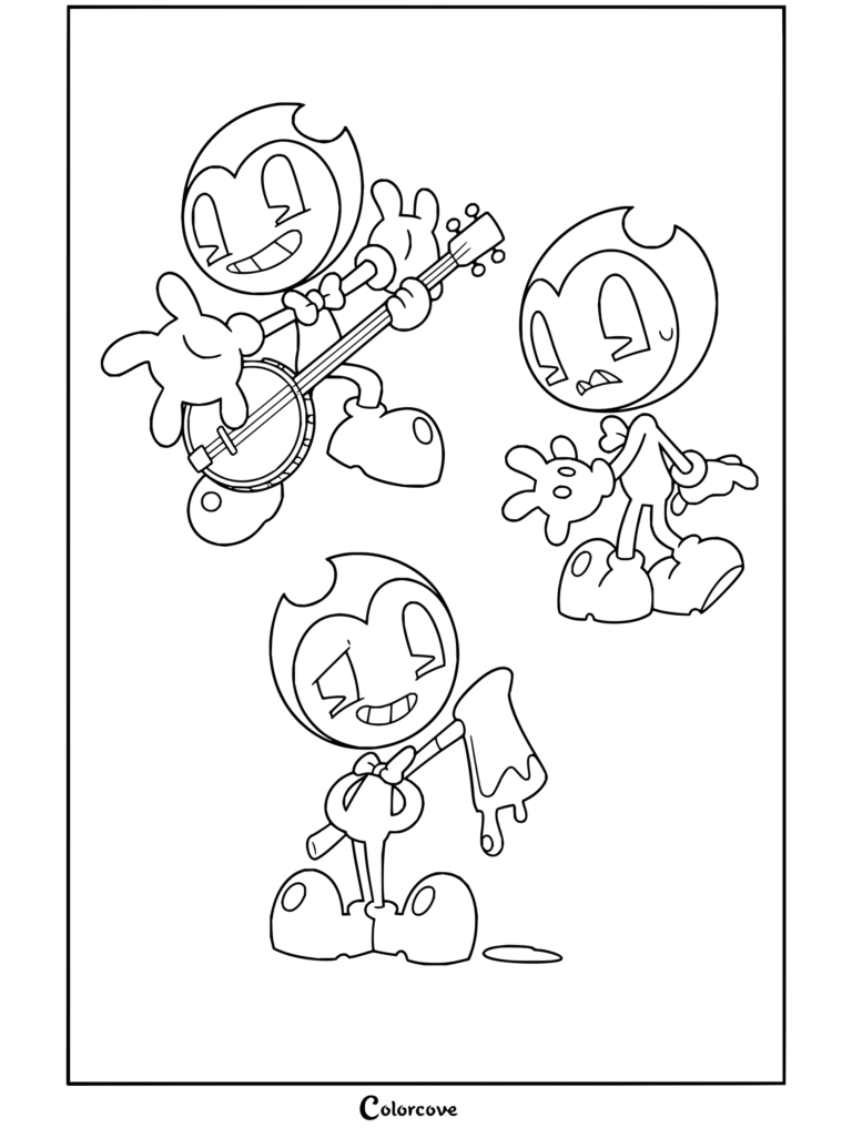 Dibujo gratuito para imprimir y colorear de Bendy and the Ink Machine con una hoja de modelo de Bendy en varias poses con guantes y un hacha.