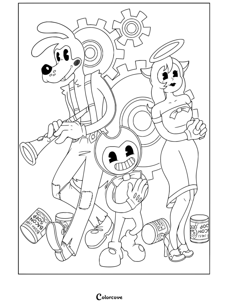 Dibujo para colorear de Bendy and the Ink Machine con Bendy, Boris y Alice Angel posando con engranajes, notas musicales y latas de Sopa de Tocino.
