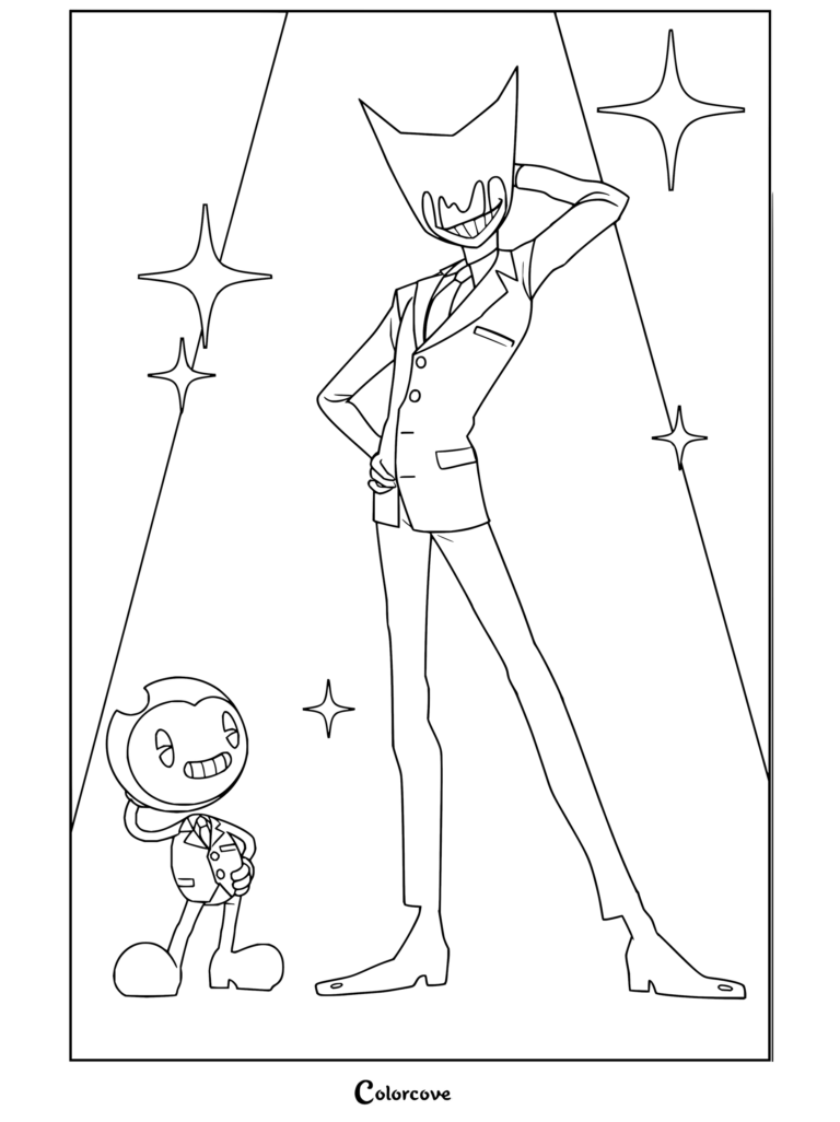 Dibujo gratuito para colorear de Bendy and the Ink Machine con el Bendy clásico de dibujos animados junto a un alto Demonio de Tinta humanoide con traje bajo un foco.