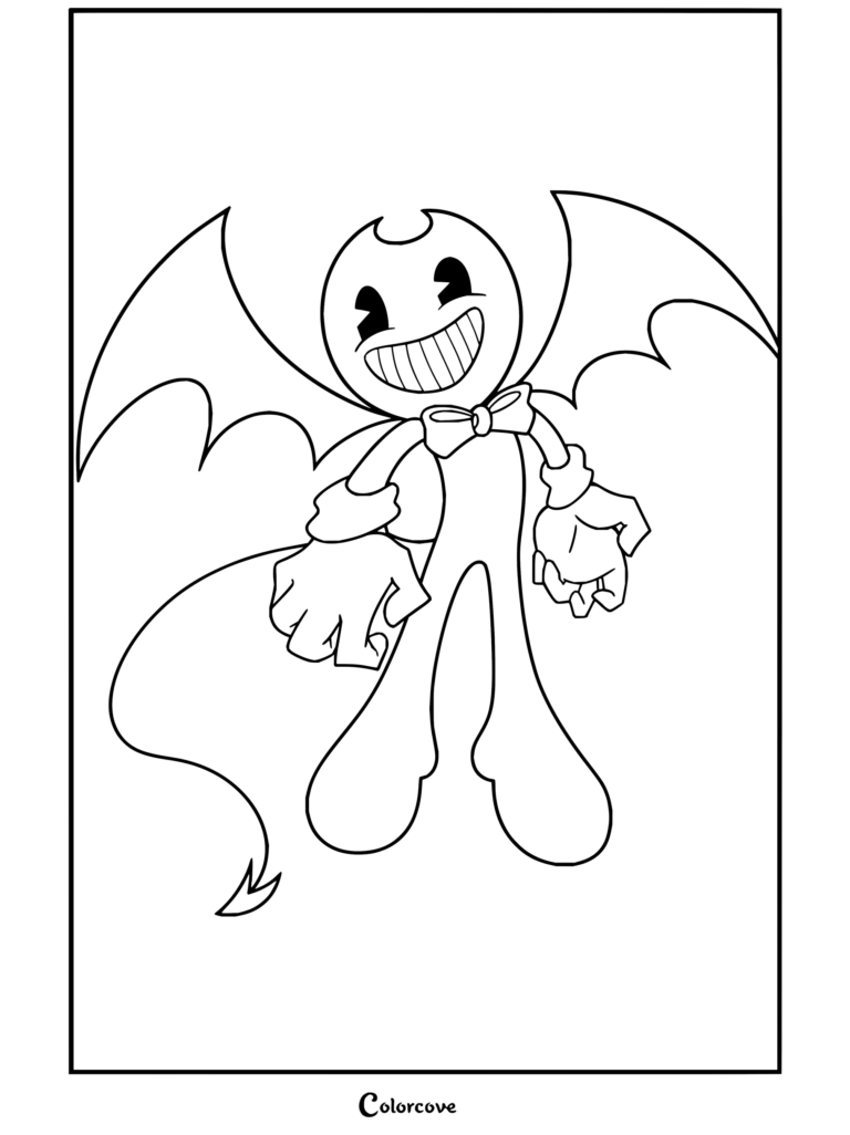 Dibujo para colorear de Bendy and the Ink Machine con Bendy demonio volador con alas de murciélago y amplia sonrisa, ideal para fans.