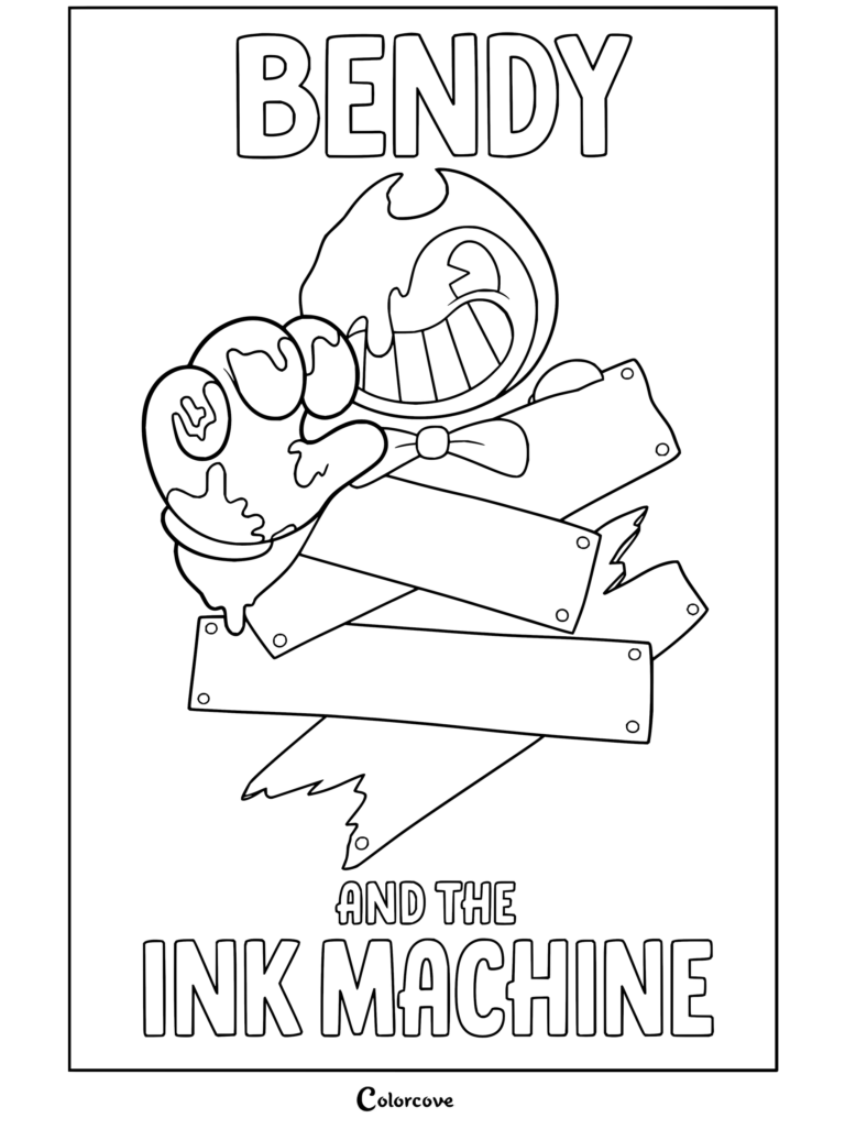 Dibujo gratuito para imprimir y colorear de Bendy and the Ink Machine con Bendy cubierto de tinta asomándose sobre tablas de madera que chorrean tinta.