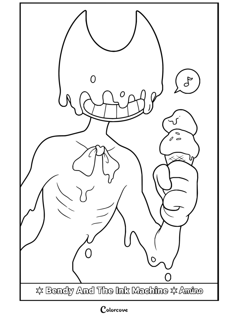 Dibujo para imprimir y colorear de Bendy and the Ink Machine con el Demonio de Tinta sosteniendo un cono de helado y sonriendo con alegría.