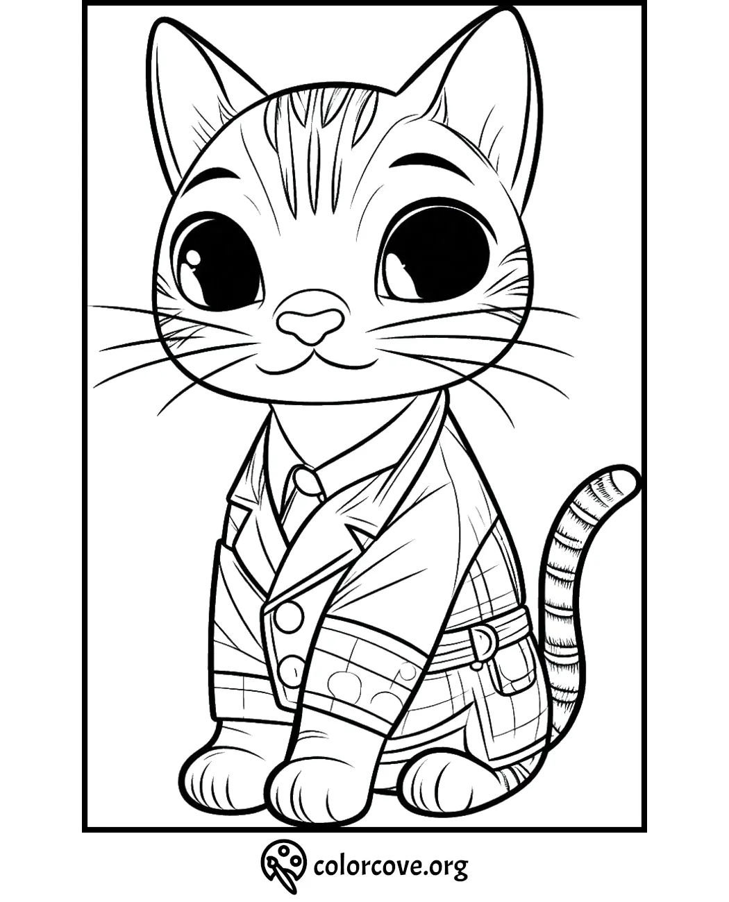 Adorable cat wearing a suit, sitting happily - coloring page for kids from colorcove.org