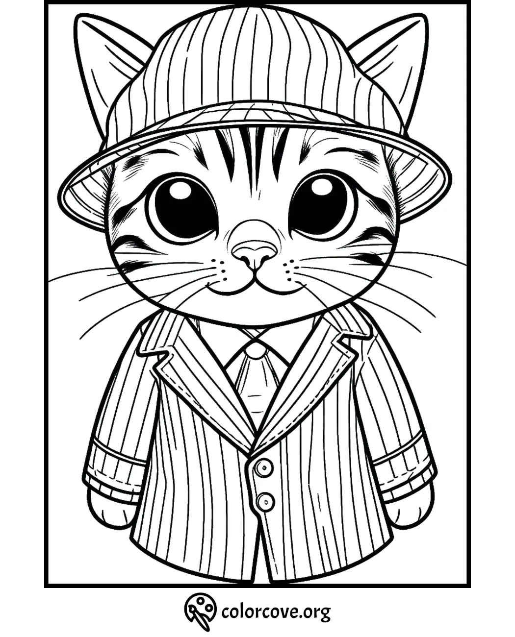 Adorable cat coloring page with a creative design wearing a suit and hat, available at colorcove.org. Perfect for kids!