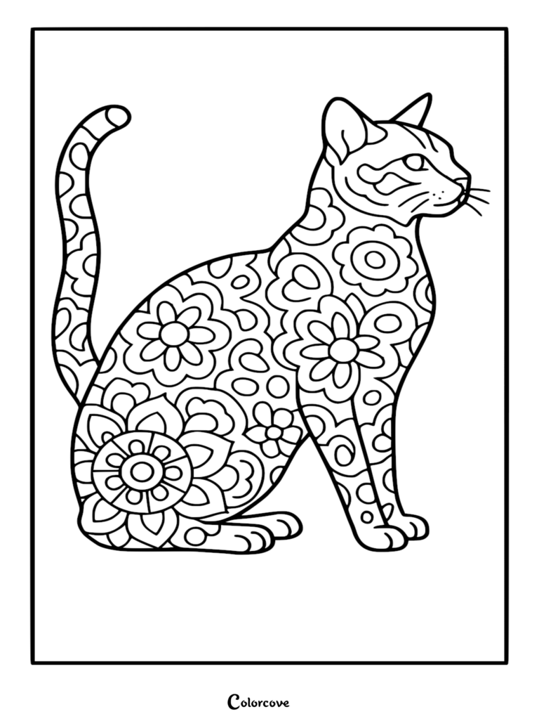Un gato bengalí sentado con intrincados patrones de mandalas florales en su pelaje en esta página para colorear imprimible gratis.