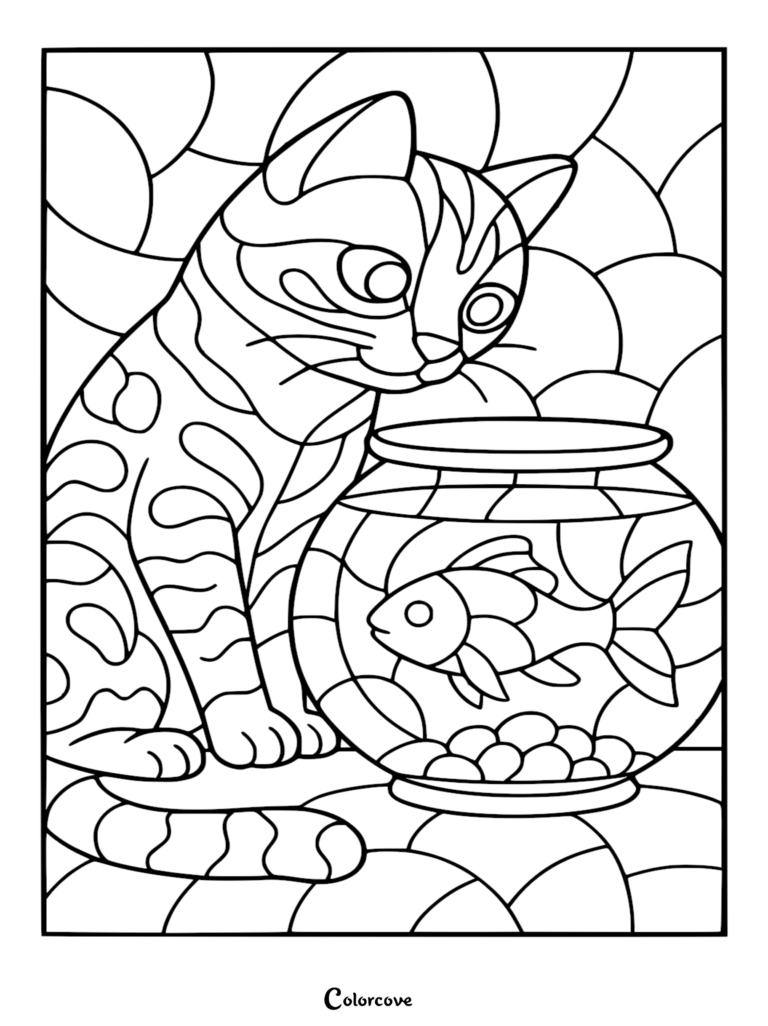 Una página para colorear de un gato bengalí al estilo de vidriera que muestra a un gato moteado observando un pez dorado en una pecera.