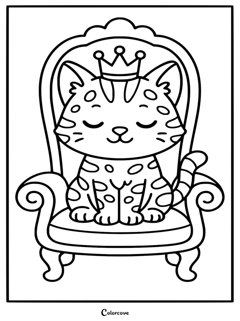 Un tierno gato bengalí con corona sentado en un trono real en esta página para colorear imprimible.