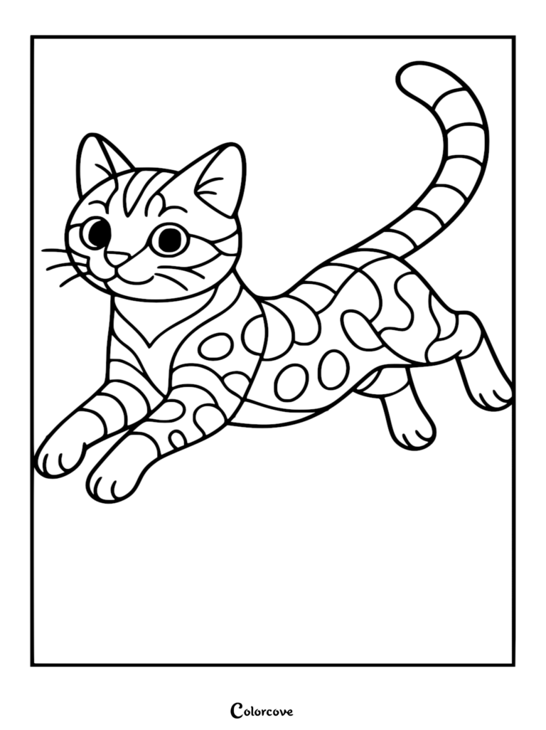 Un juguetón gato bengalí con distintas marcas moteadas saltando hacia adelante en esta página para colorear imprimible.