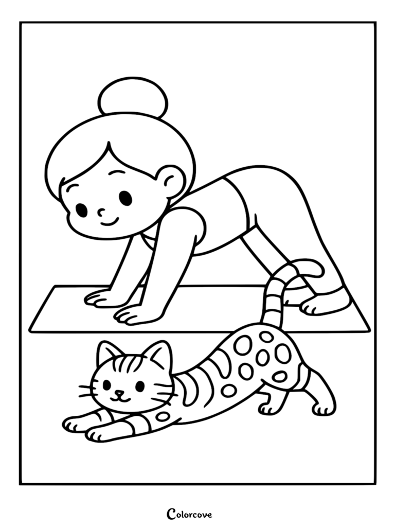 Una niña y un gato bengalí manchado haciendo posturas de yoga juntos en esta página para colorear imprimible.