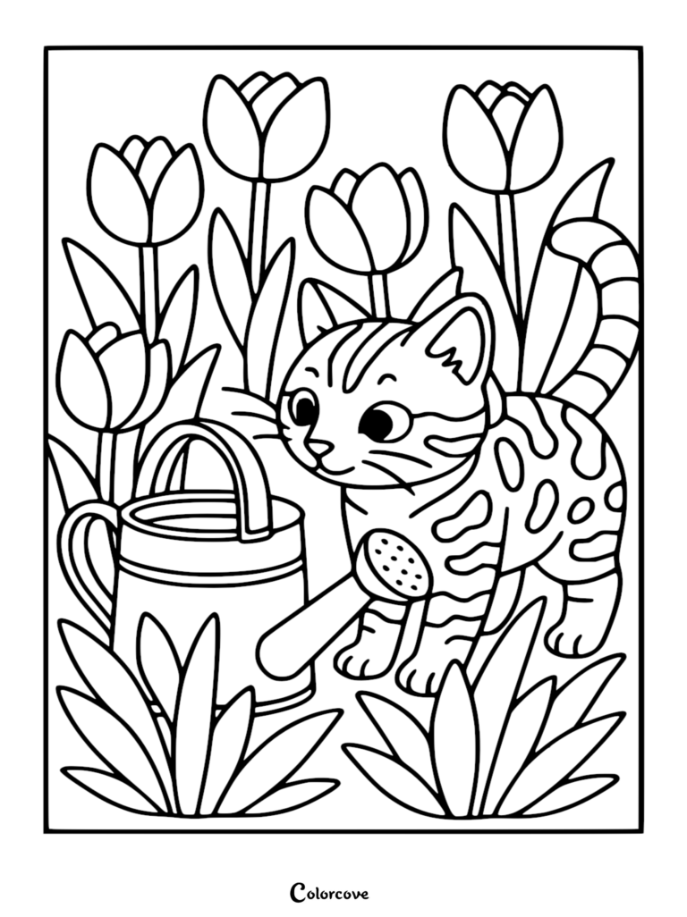 Un tierno gato bengalí jugando con una regadera en un jardín de tulipanes en esta página para colorear imprimible.