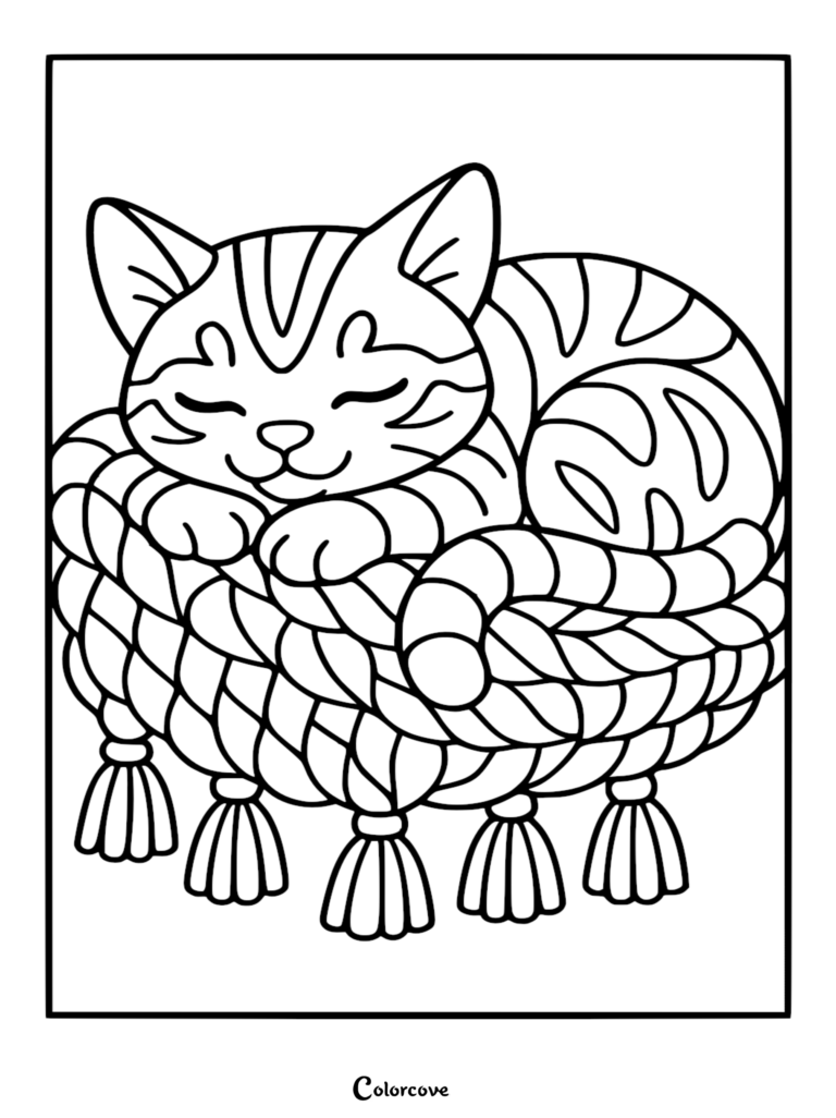 Un tierno gato bengalí durmiendo enrollado en una cesta tejida con borlas, página para colorear imprimible.