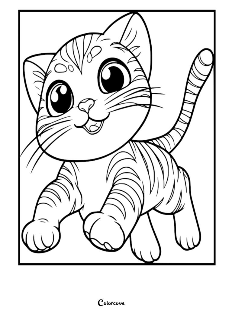 Un tierno gato bengalí con ojos grandes y pelaje atigrado en formato de página para colorear imprimible.