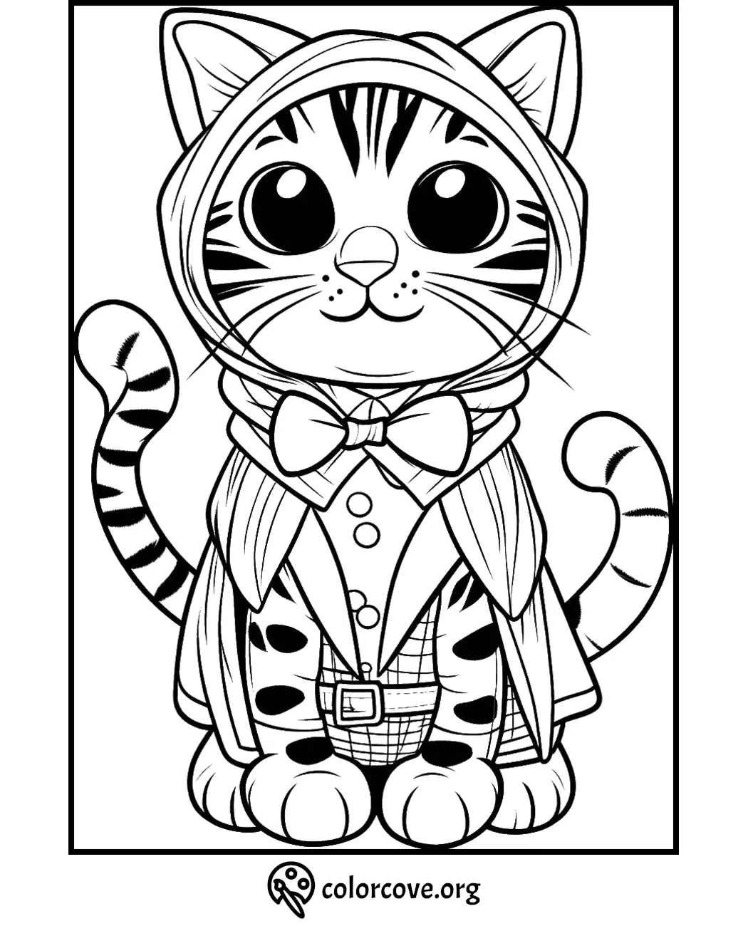 Coloring page of an adorable cat dressed in a cloak and bow tie, perfect for kids and cat lovers to enjoy coloring.