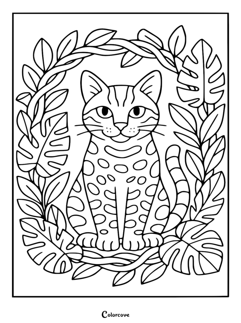 Un gato bengalí sentado dentro de un marco de hojas tropicales y enredaderas en esta página para colorear imprimible.