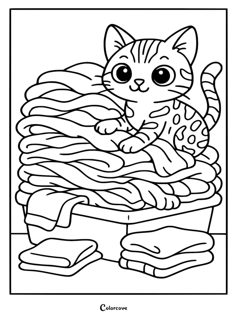 Un tierno gato bengalí sentado encima de una gran pila de ropa doblada en una cesta, página para colorear imprimible.