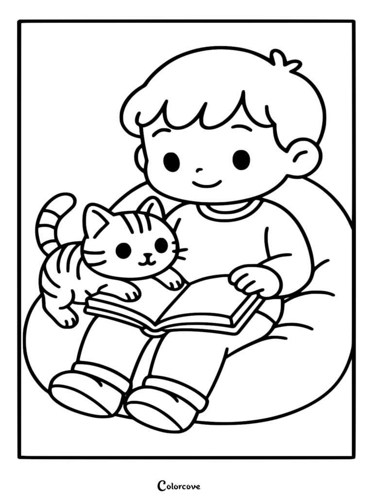 Un niño pequeño sentado en un sillón tipo puf leyendo un libro con un pequeño gato bengalí, página para colorear imprimible.
