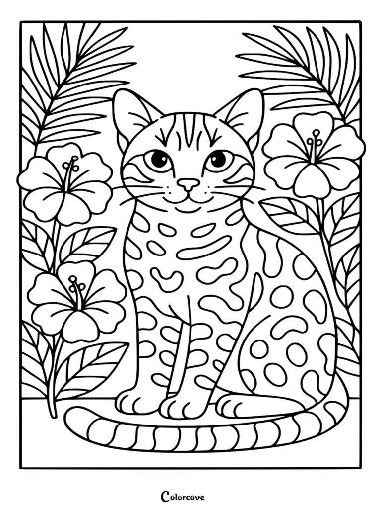Una página para colorear imprimible de un gato bengalí que muestra a un gato moteado sentado entre flores tropicales de hibisco y hojas de palma.