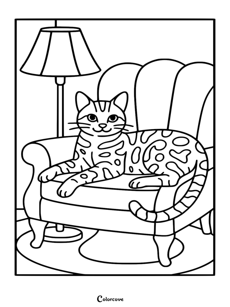 Un gato bengalí con manchas definidas descansando en un cómodo sillón junto a una lámpara de pie en esta página para colorear imprimible gratuita.