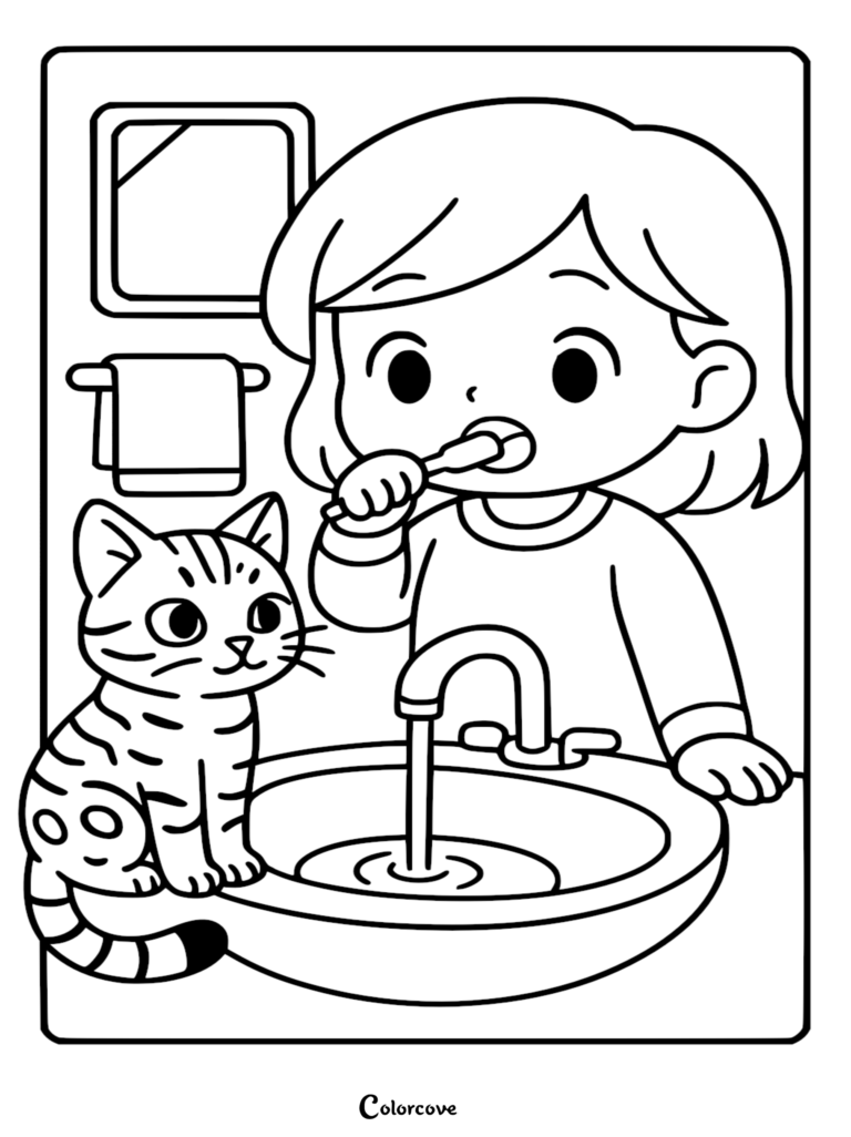 Una niña cepillándose los dientes en el lavabo del baño con un gato bengalí sentado cerca en esta página para colorear imprimible.