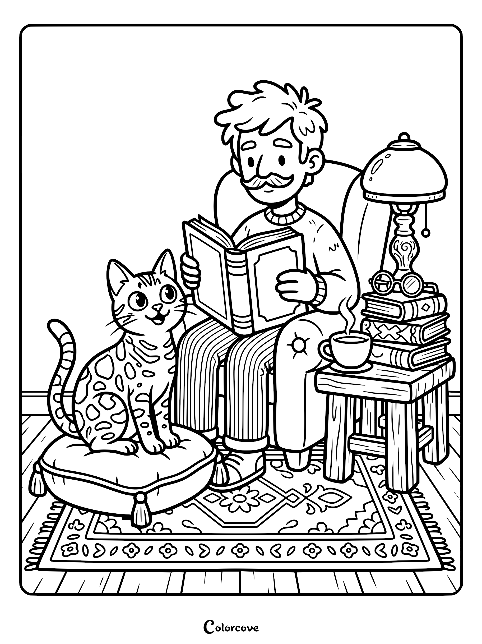 A man with a mustache reading a book in an armchair next to a spotted Bengal cat sitting on a cushion, coloring page style.