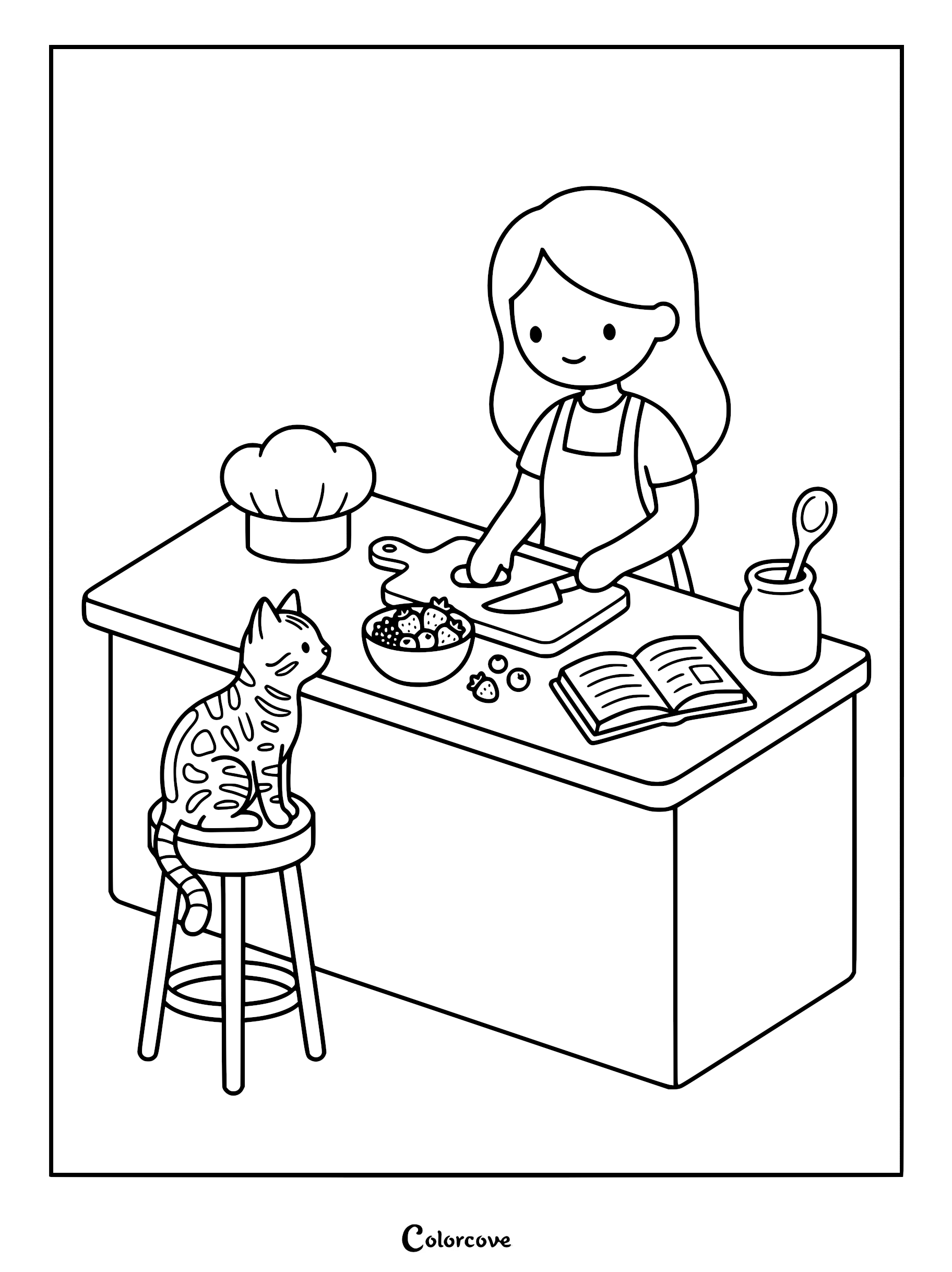 A girl wearing an apron baking in a kitchen with a spotted Bengal cat sitting on a stool next to her in this printable coloring page.
