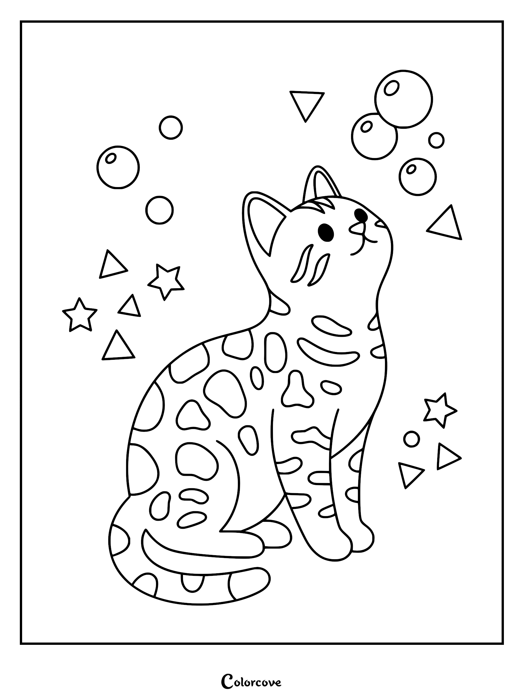 A cute spotted Bengal cat sitting and looking up at floating bubbles, stars, and triangles in this printable coloring page.