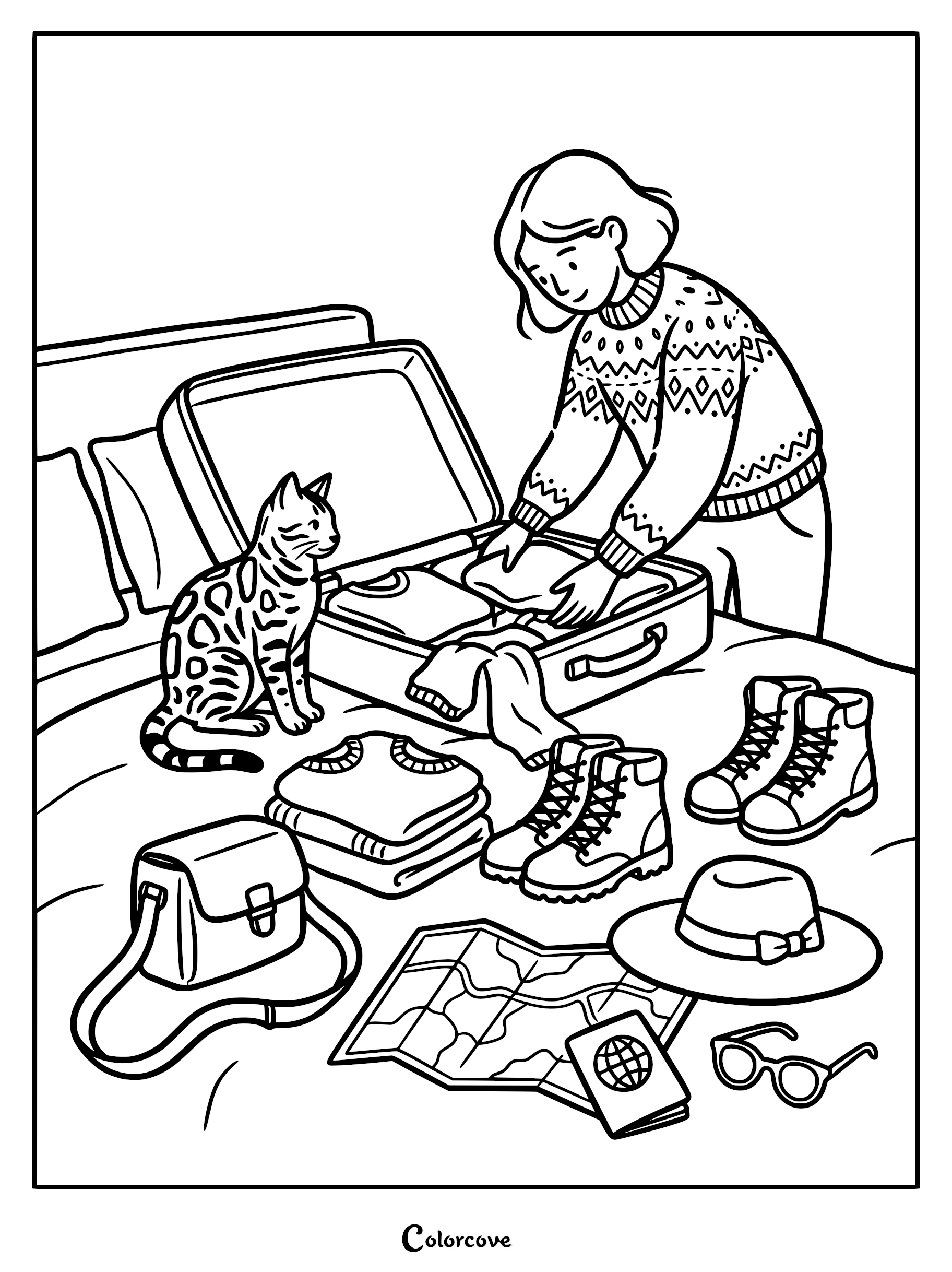 A girl in a sweater packing a suitcase with a spotted Bengal cat sitting nearby on a bed with travel gear, line art coloring page.