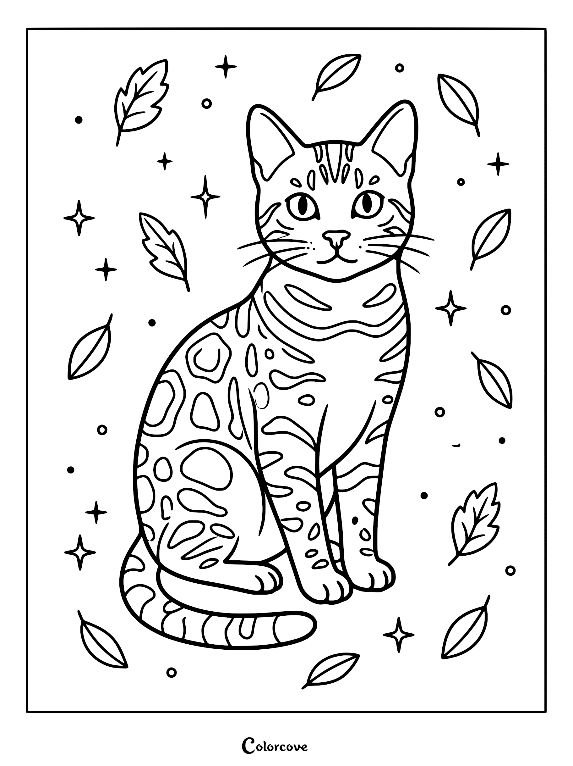 A Bengal cat sitting surrounded by floating leaves and stars in this printable coloring page.