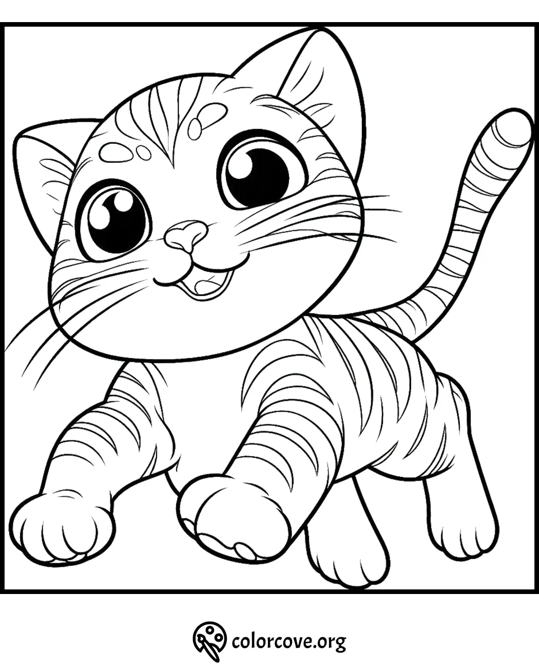 Adorable kitten coloring page with big eyes and playful pose. Perfect for kids' activities from colorcove.org.