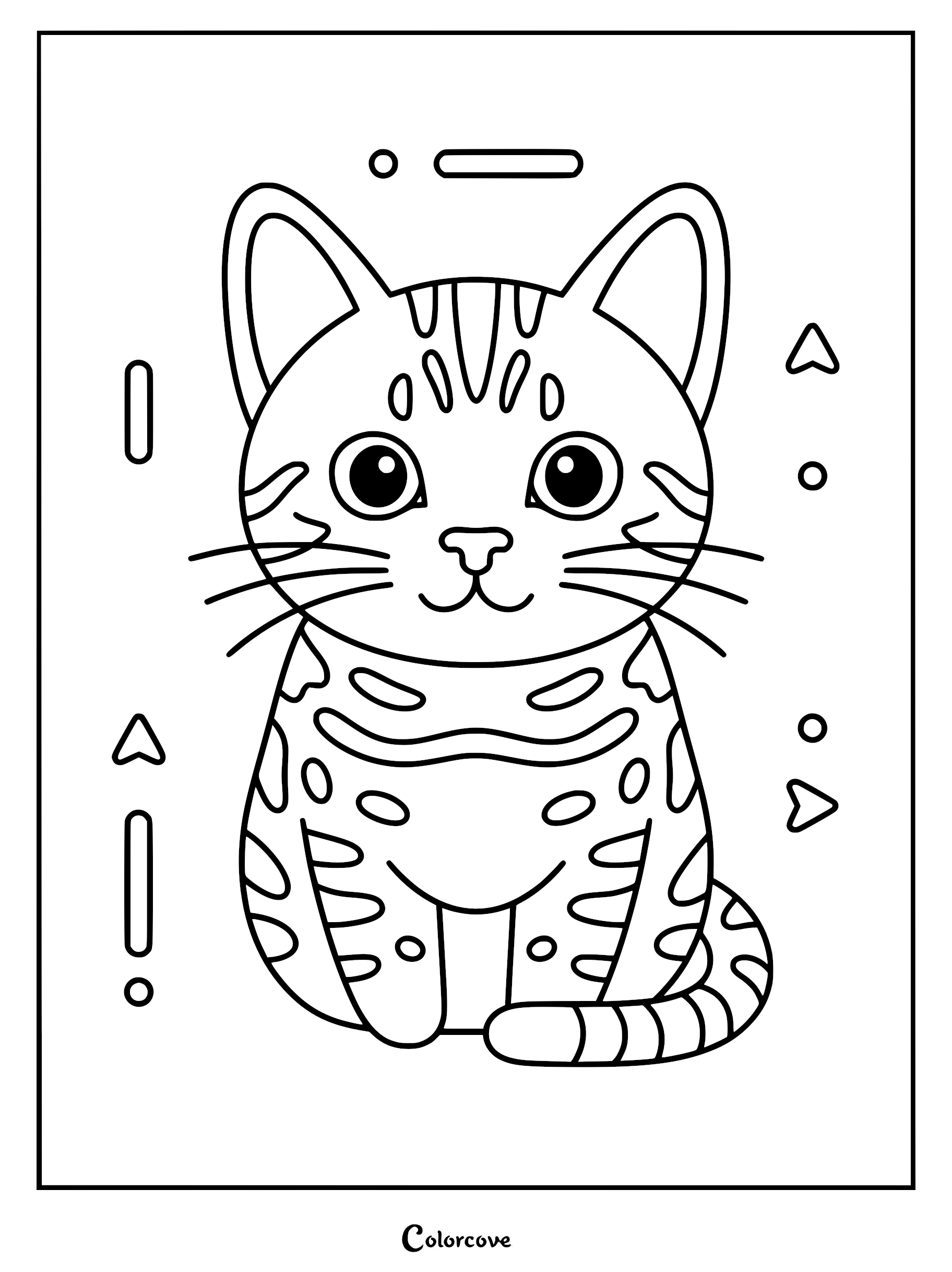A cute Bengal cat with spotted fur and geometric shapes in a simple coloring page style.