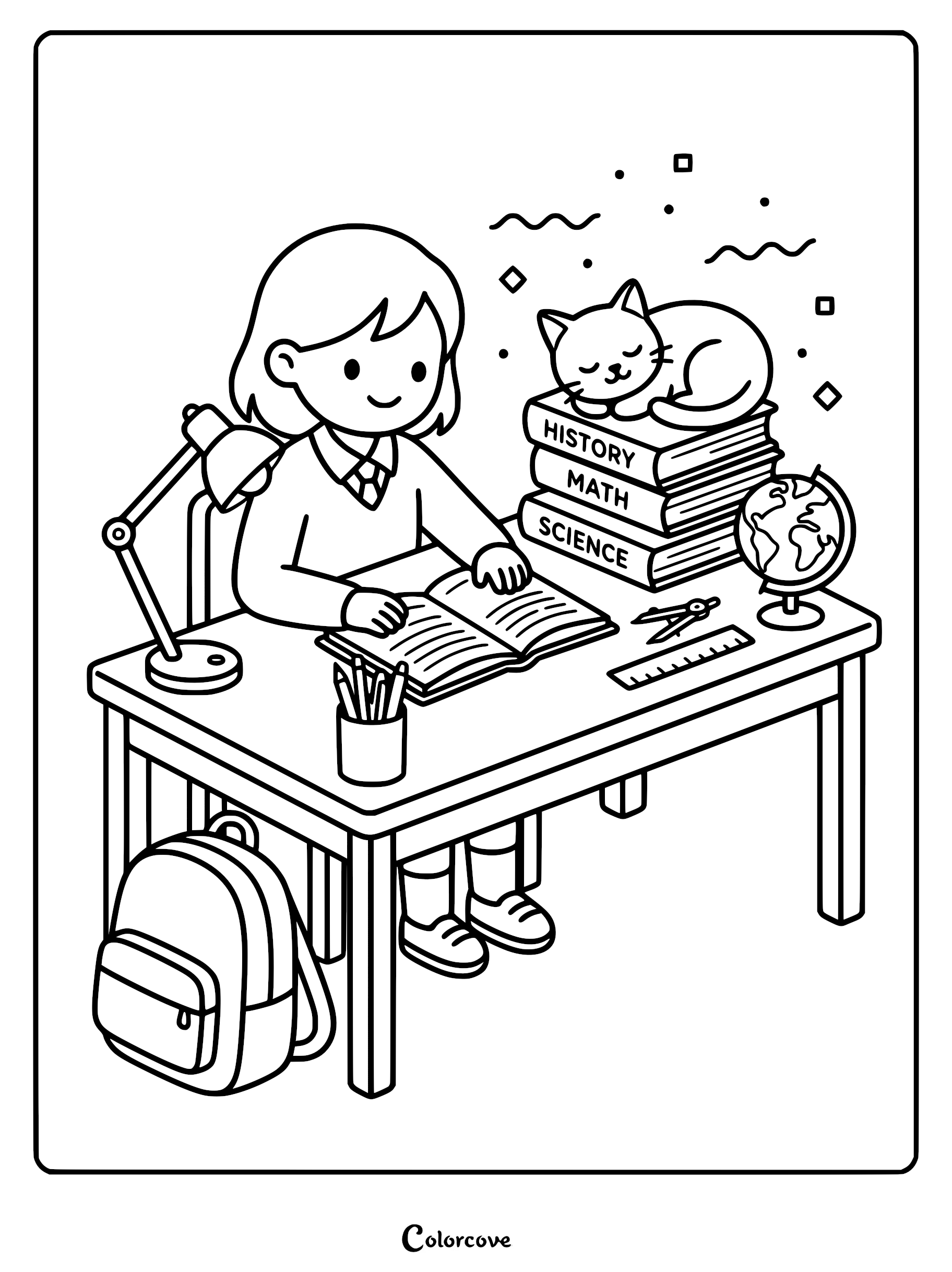A girl studying at a desk with a sleeping Bengal cat on a stack of books in this printable coloring page.