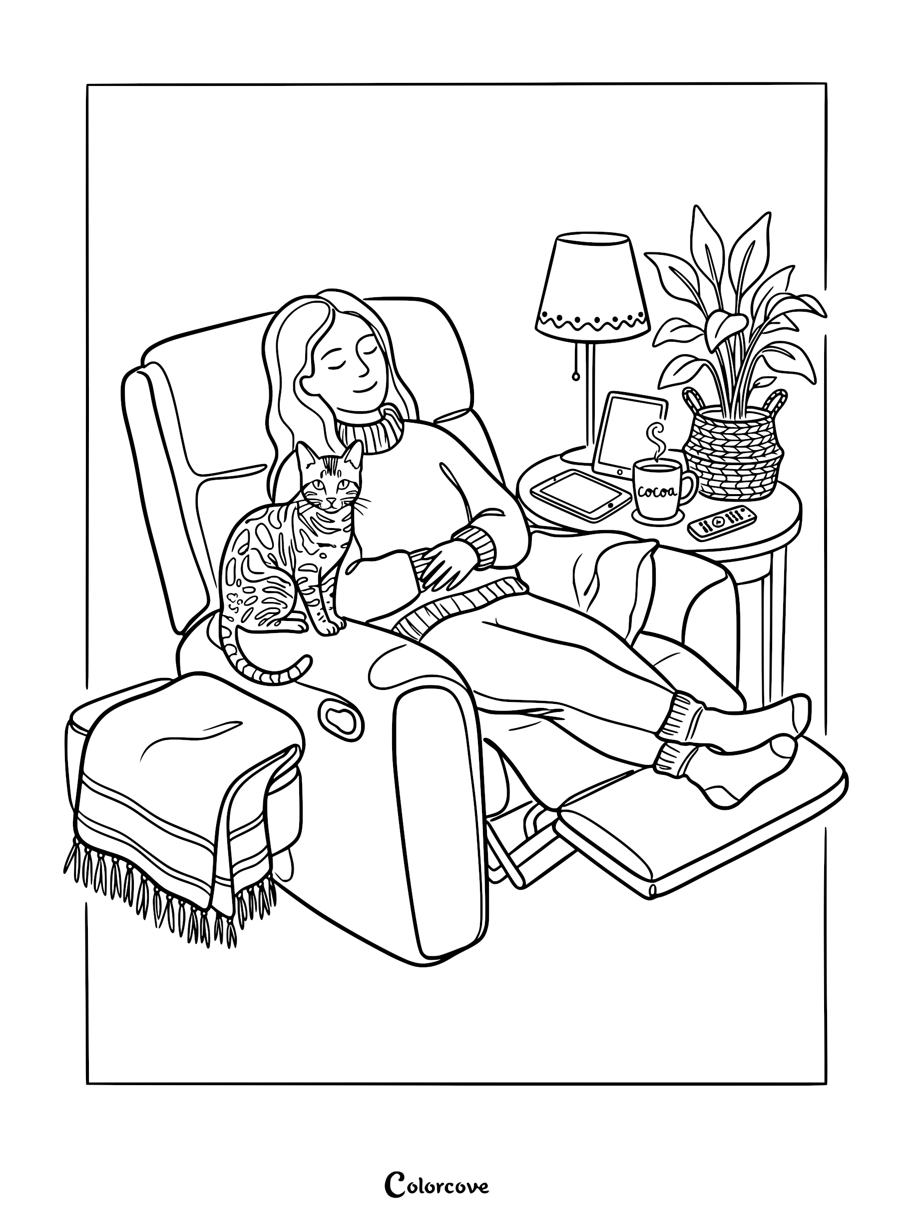 A woman relaxing in a recliner with a spotted Bengal cat, next to a side table with cocoa and a houseplant, in this detailed line art coloring page.