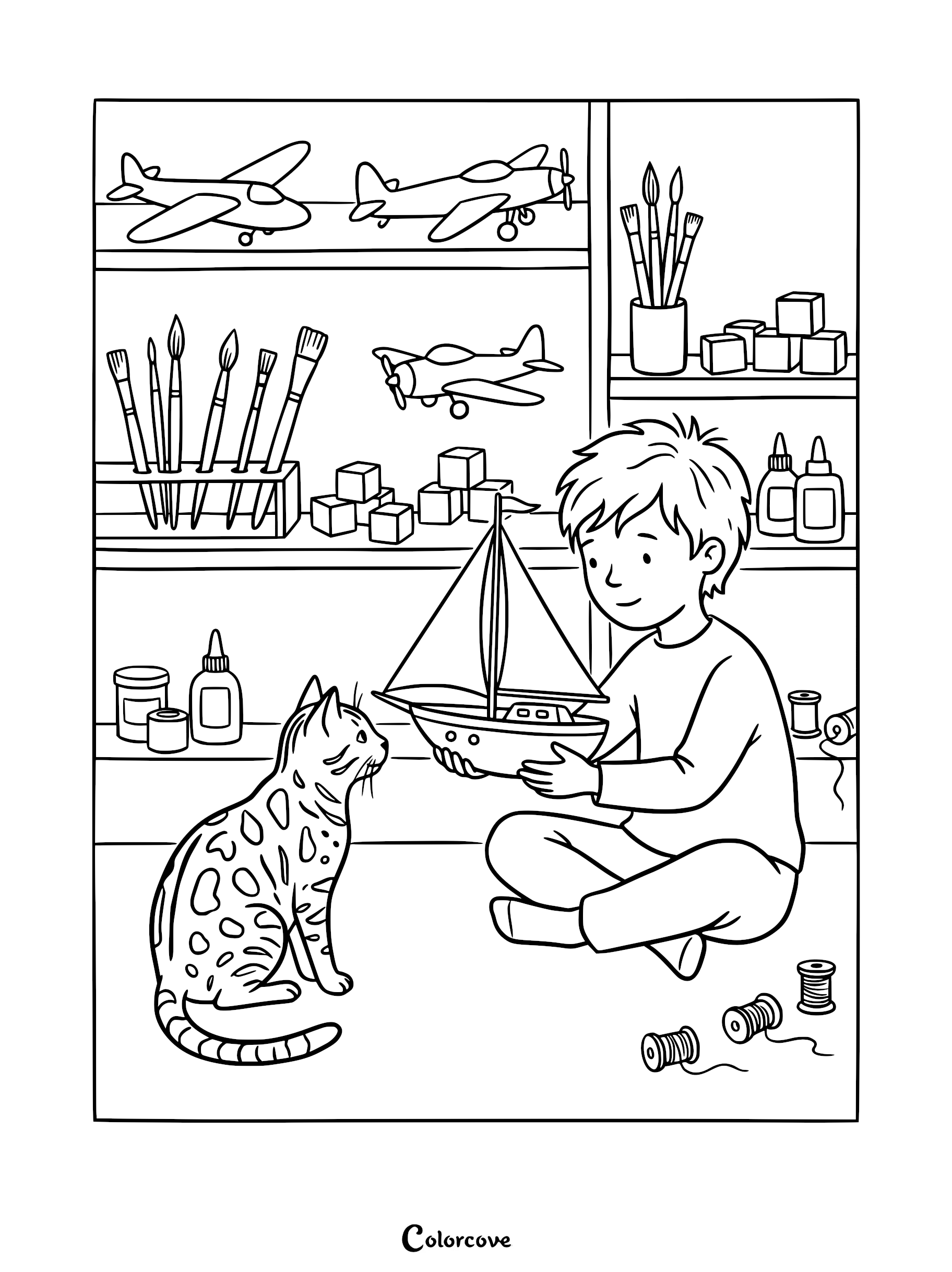 A boy sitting on the floor holding a toy sailboat while a spotted Bengal cat watches him in a room with shelves of toys, line art coloring page.