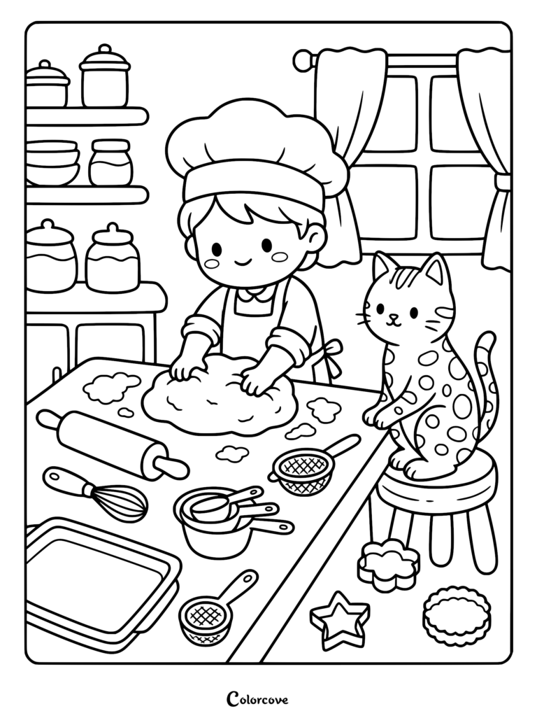 Un tierno niño chef con gorro amasando masa en una mesa, con un gato bengalí manchado sentado en un taburete cercano en esta página para colorear imprimible.