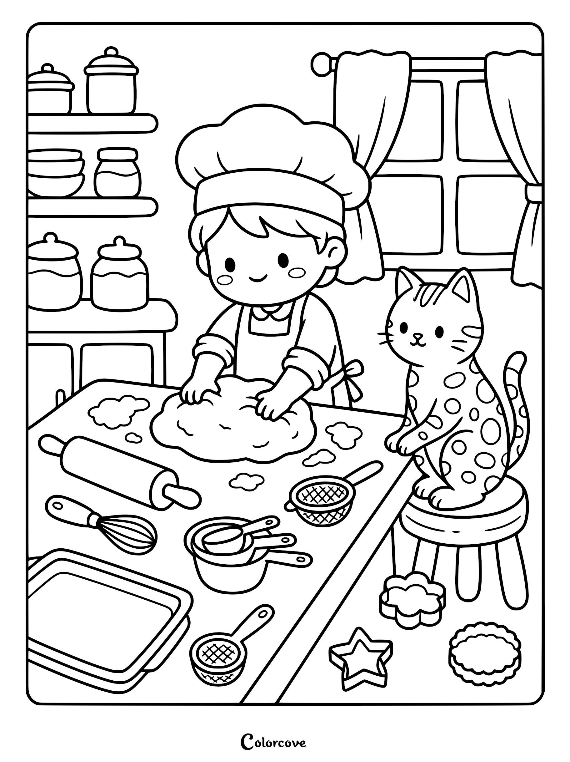 A cute child chef wearing a hat kneading dough on a table with a spotted Bengal cat sitting on a stool nearby in this printable coloring page.