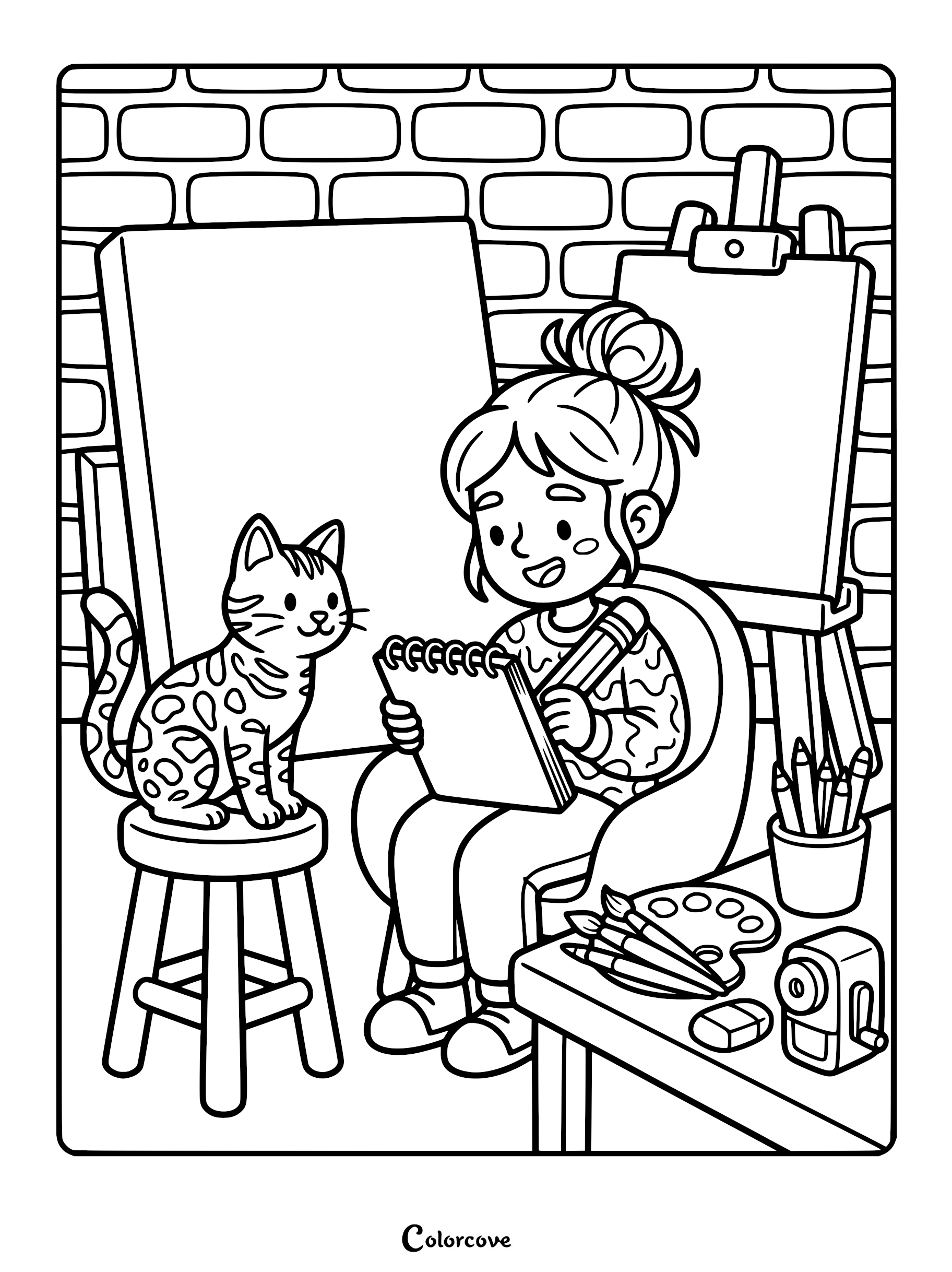 A girl with a bun hairstyle drawing a spotted Bengal cat sitting on a stool in an art studio coloring page.