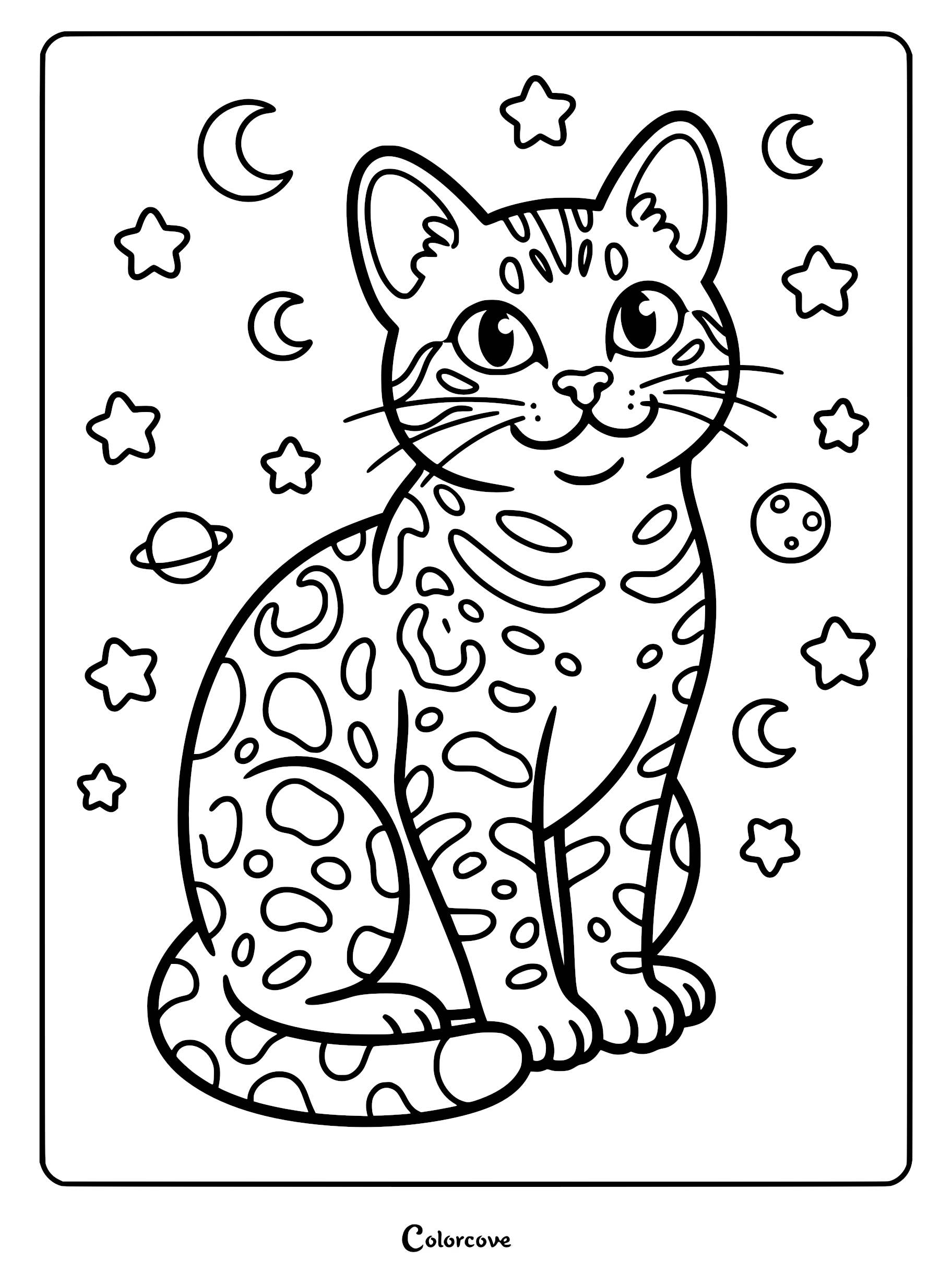 A cute spotted Bengal cat sitting among stars, moons, and planets in this printable coloring page.