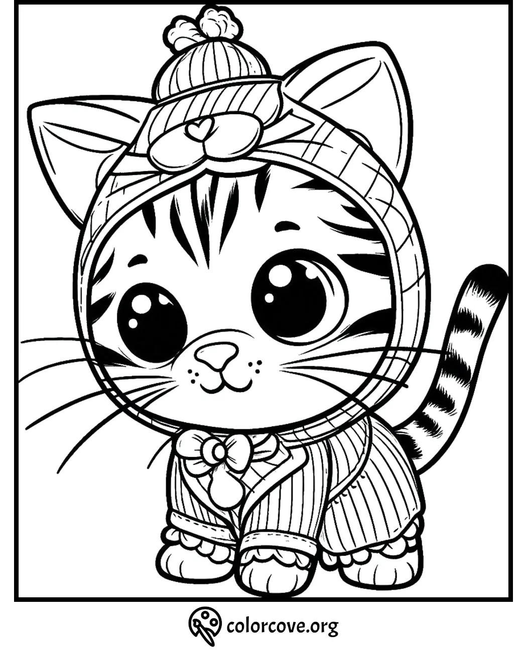 Cute kitten coloring page with big eyes, wearing a winter hat and scarf. Perfect for children's coloring activities.