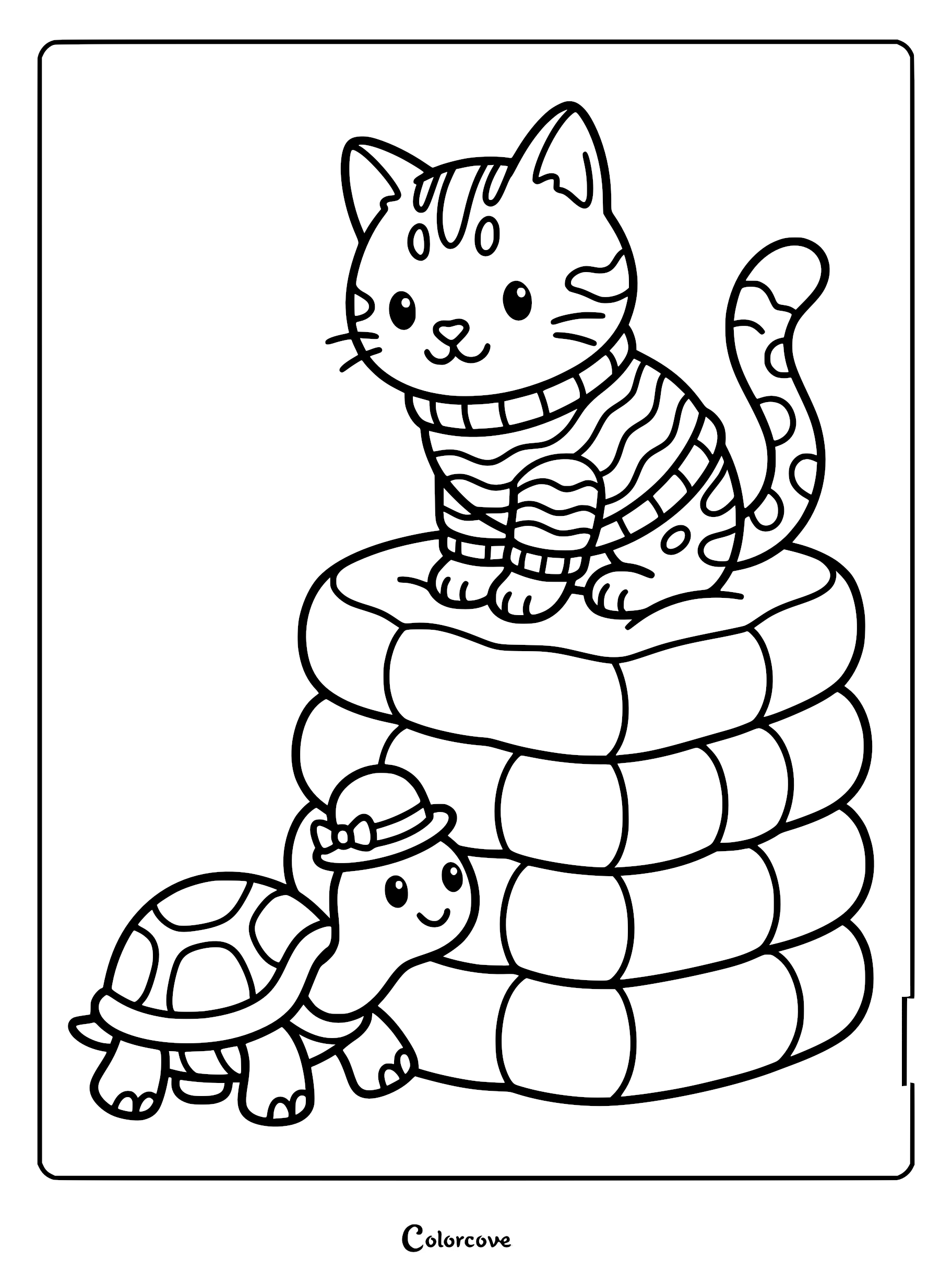 A cute Bengal cat wearing a striped sweater sitting on a stack of cushions next to a small turtle wearing a hat in this printable coloring page.