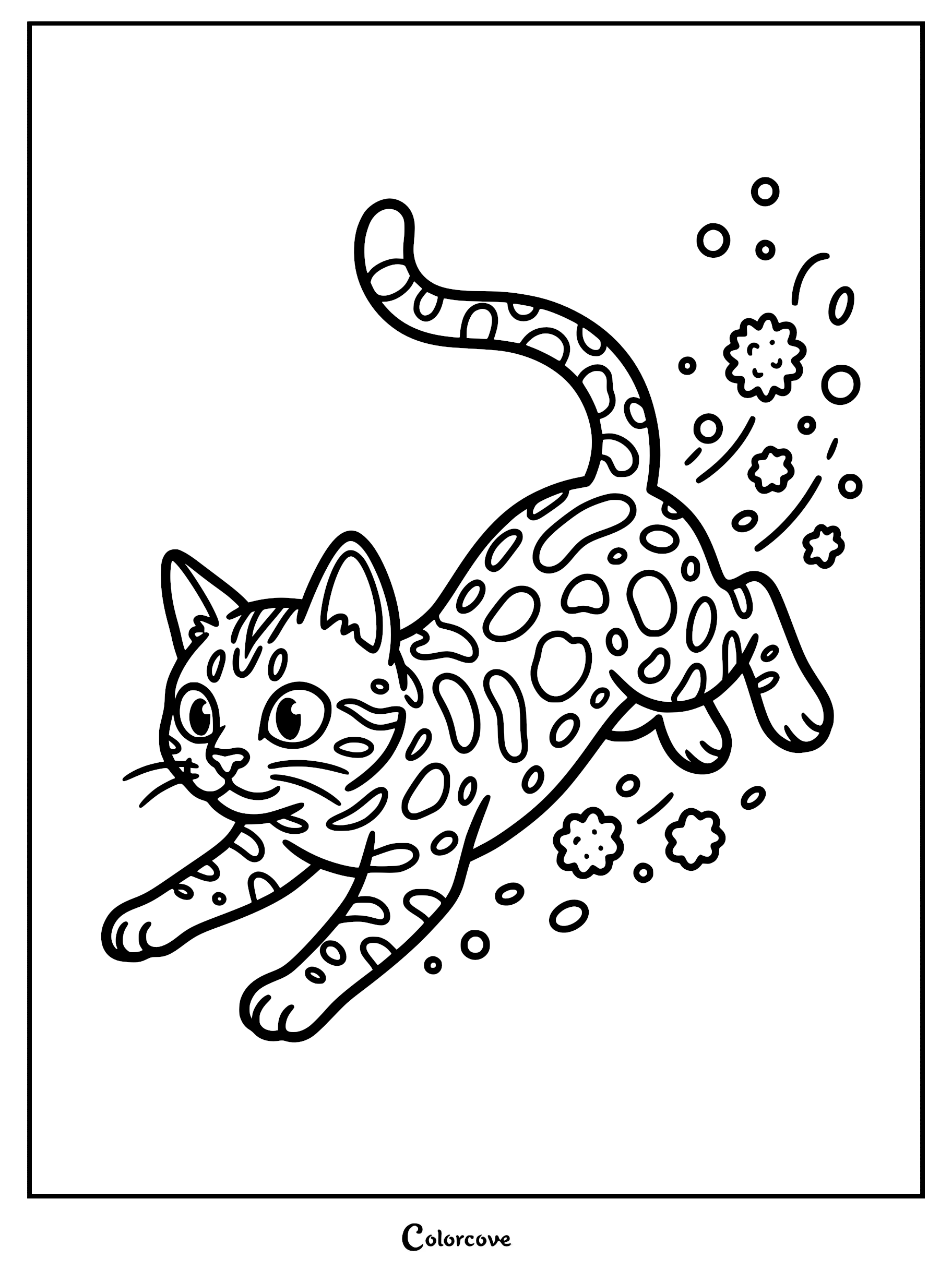 A cute Bengal cat with spotted fur jumping and playing with floating bubbles in this printable coloring page.