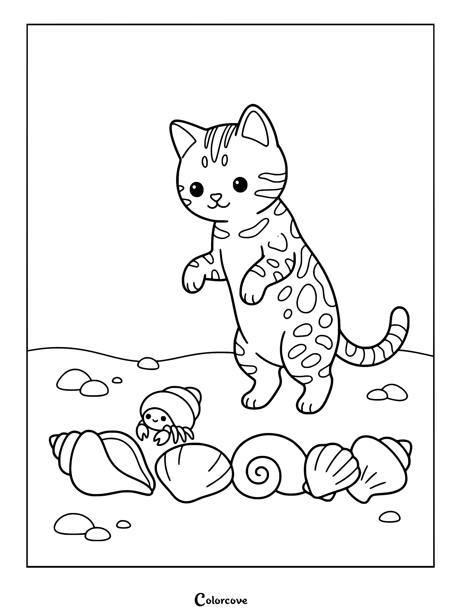 A cute Bengal cat standing on hind legs to look at a small hermit crab near seashells in this printable coloring page.