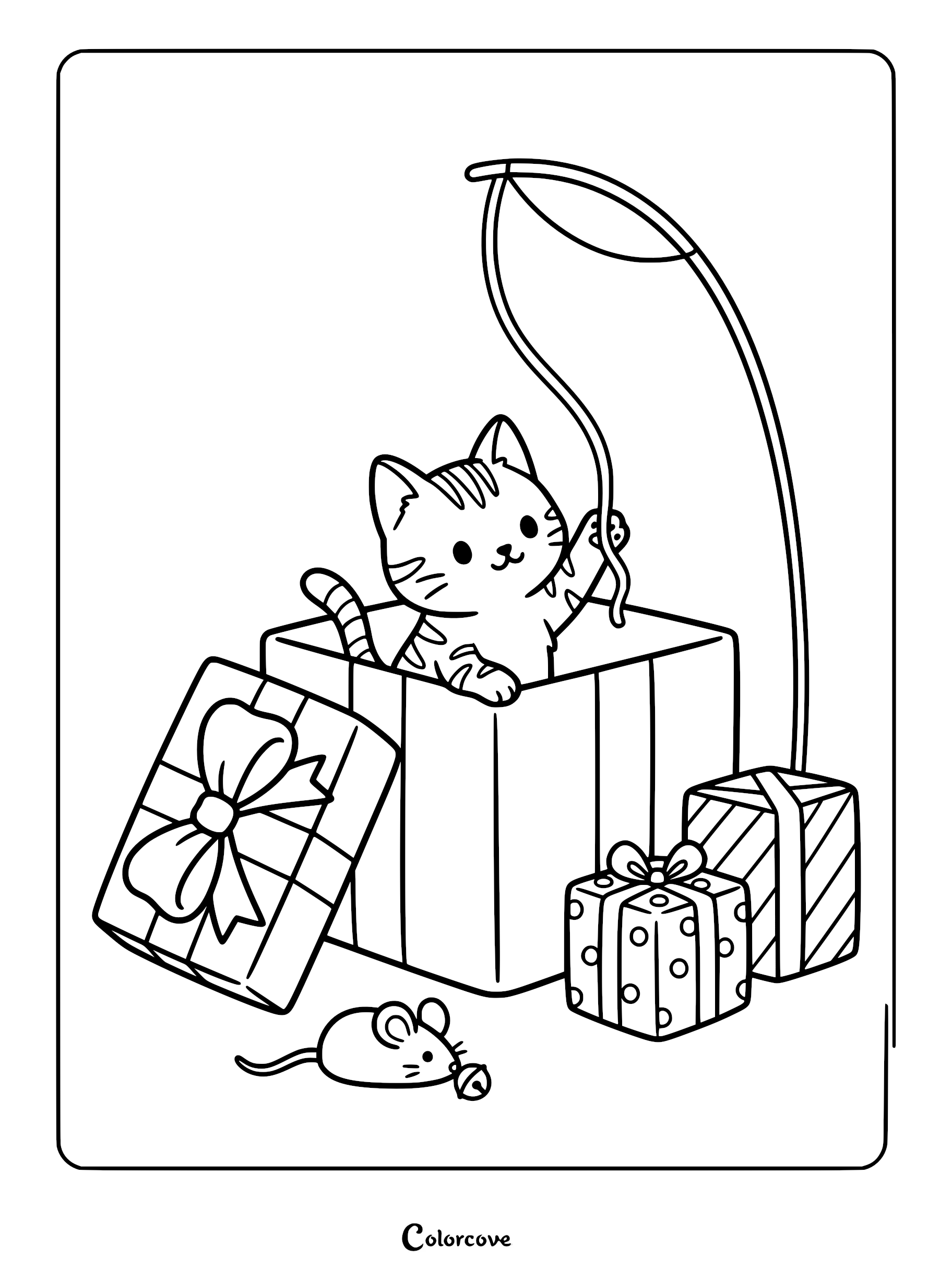 A cute Bengal cat sitting inside a gift box batting at a toy wand, with wrapped presents and a toy mouse nearby on this coloring page.